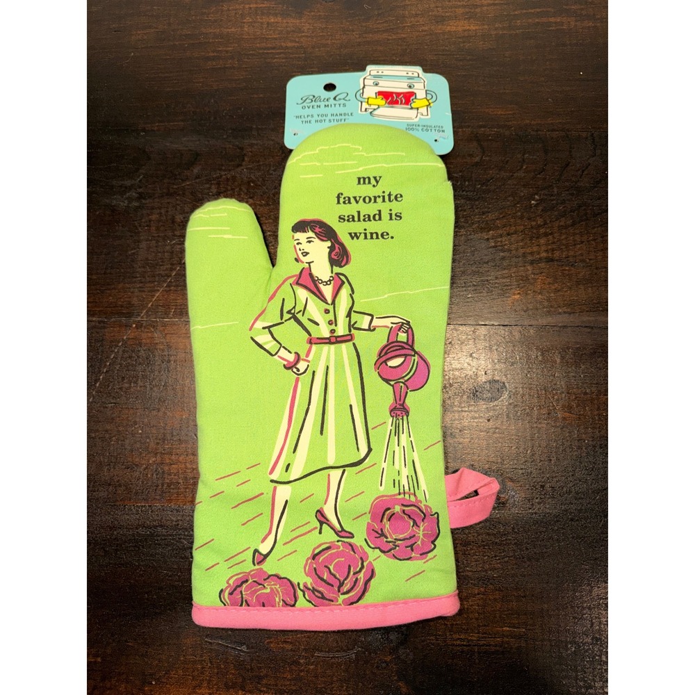 Blue Q My Favorite‎ Salad is Wine Oven Mitt Green Pink Retro Funny Cotton NWT